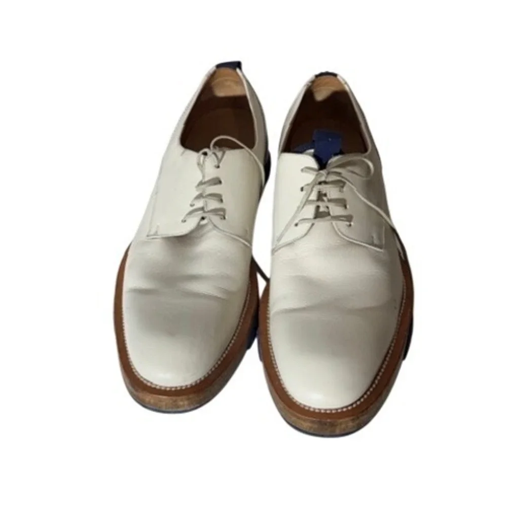 Salvatore Ferragamo Mens White Leather Blue Accent Derby Shoes UG84723 Size 10.5